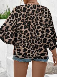 Breezaya Plus Size Women's Elegant Leopard Patchwork Color Blocking Button Decor V-Neck Batwing Sleeve Casual Chic Blouse - Multicolor - View 2