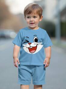 SHEIN Leap Crew Baby Jungen Lässig Kurzarm Shorts Set mit Katzen Muster, geeignet für den Sommer