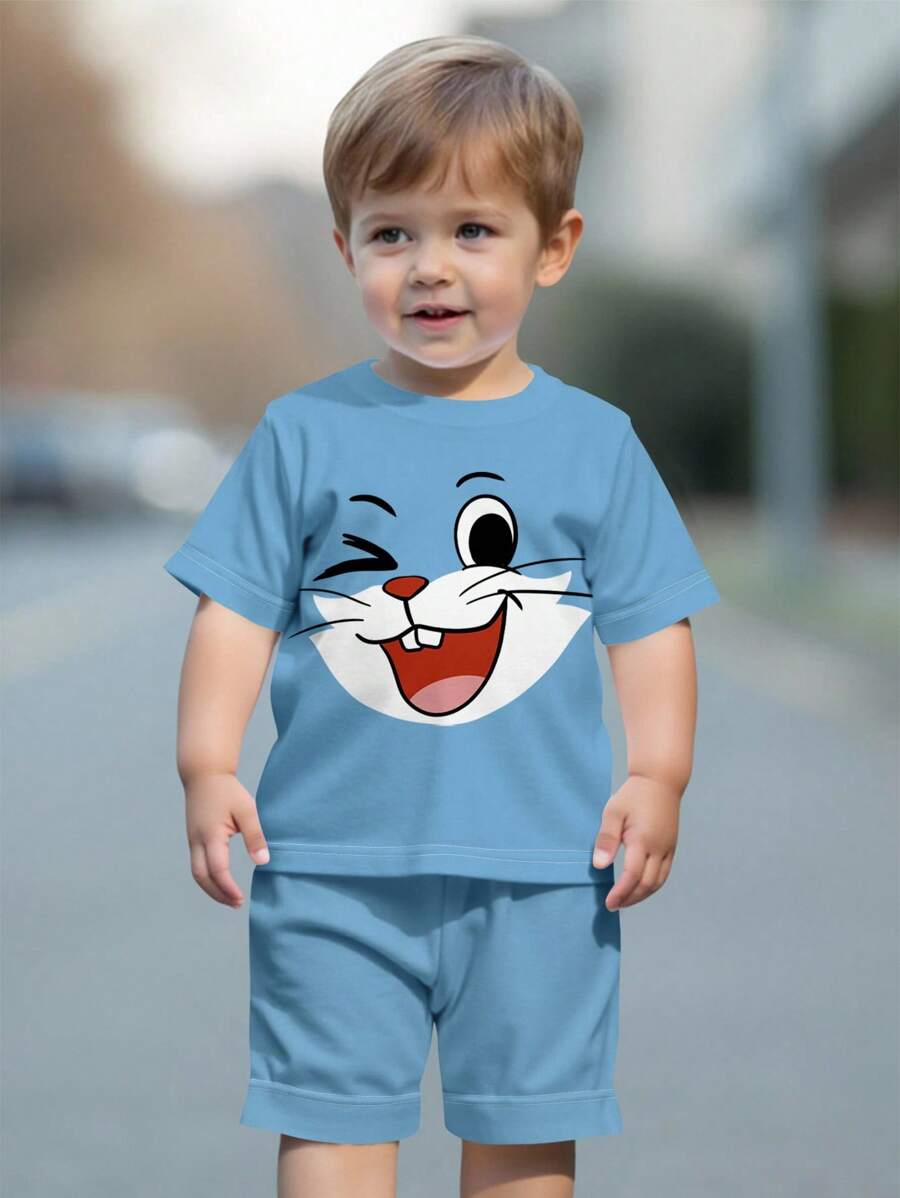 SHEIN Leap Crew Baby Jungen Lässig Kurzarm Shorts Set mit Katzen Muster, geeignet für den Sommer