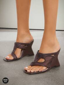 SHUZIA Women Wide-Fit Asymmetrical Strap Decor Wedge Cute Sexy Feminine Party Basic Mesh Coffee High Heeled Sandals - Coffee Brown - View 3