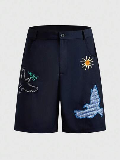 Prep Men's College Loose Fit Eagle And Sun Graphic Pocket Casual Shorts