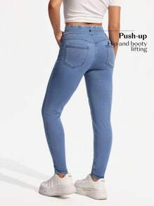 SHEIN PETITE Quần Jeans Skinny Co Giãn Lưng Cao Màu Trơn Thời Trang Túi Đàn Hồi - Rửa nhẹ - Xem 3