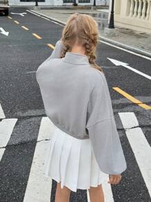 Tween Girl Solid Color Drop Shoulder Long Sleeve Zip Placket Casual Sweatshirt Fall Winter - Grey - View 2