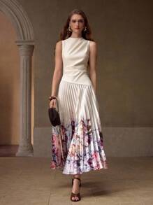 MOTF PREMIUM FLORAL PRINT PLEATED DRESS - Apricot - View 4