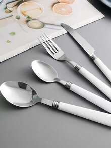 Cirelle Thickened Stainless Steel Cutlery Set With Plastic Handle – Kitchen Tableware Flatware Cutlery Set (Steak Knife, Fork, Spoon, Teaspoon) | Cutlery,Dinner Set,Kitchen Accessories,Spoon And Fork Set - Multicolor - View 6