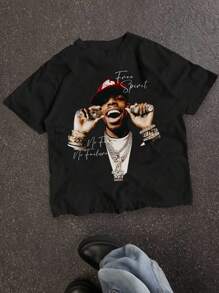 SHEIN 休闲卡通明星图案宽松圆领短袖T恤，适合青少年男孩，棉混纺面料，夏季穿着