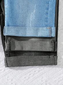 SHEIN 青少年男童三件套休闲街头风卷边做旧牛仔短裤，夏季，学校，校园，大学 - 彩色 - 查看 5