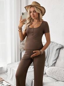 SHEIN 2件套孕妇罗纹针织纽扣设计短袖T恤和可调节腰带裤 - 咖啡棕 - 查看 6