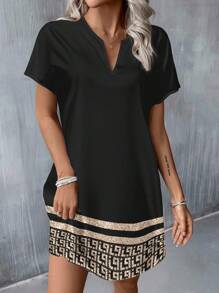 SHEIN LUNE Casual Pattern V-Neck Short Dress For Women, Suitable For Spring/Summer Suitable For Going Out Vacation Dress Chic Dress