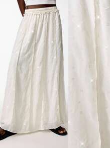 LYSMO 2025 Women's White Beige Elastic Waist Shimmer Sequin Pencil Stripe A-Line Long Skirt,Autumn Boho Beach Holiday Casual Party Leisure Vacation Skirt - Beige - View 1