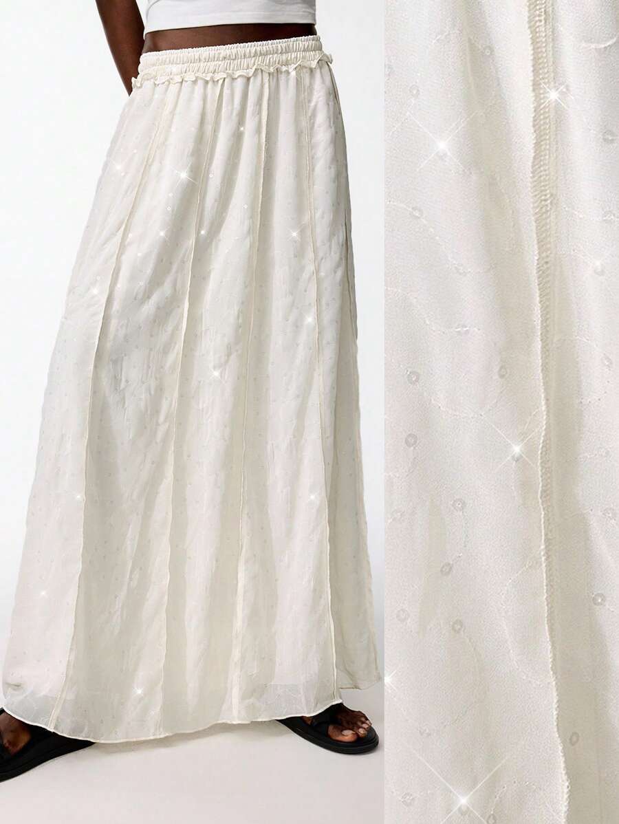 LYSMO 2025 Women's White Beige Elastic Waist Shimmer Sequin Pencil Stripe A-Line Long Skirt,Autumn Boho Beach Holiday Casual Party Leisure Vacation Skirt - Beige - View 1