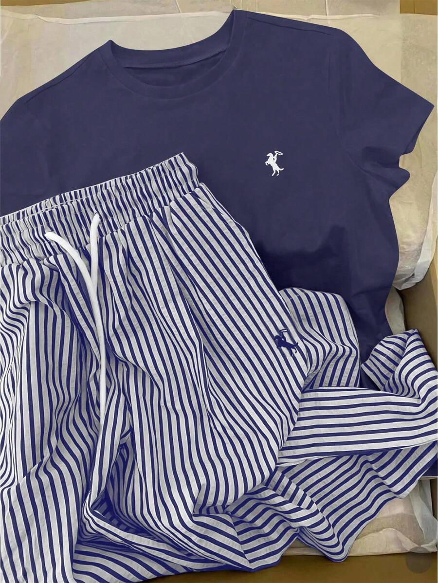 INAWLY Women Knight Print Round Neck Short Sleeve T-Shirt And Striped Drawstring Waist Pants Casual Suit