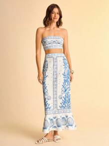 CAJUNI 女式波西米亚风蓝白热带海洋贝壳印花露背短款上衣和长裙休闲度假海滩 2 件套 - 藍白色 - 查看 3