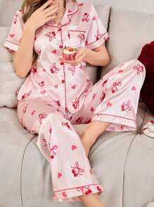 蝴蝶结樱桃印花翻领开衫女士睡衣套装，仿丝，适合情人节蝴蝶结