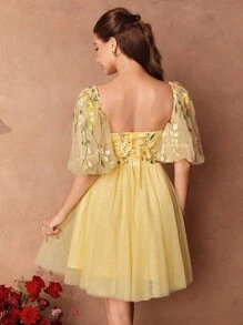 SHEIN Unity Women's Square Neck Puff Sleeve Embroidered Floral Short Dress, Spring/Summer - Yellow - View 2