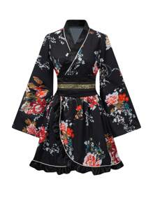 Irokai Floral Print Overlap V-Neck Flare Sleeve  Yukata Kimono/Robe (Without Fan)