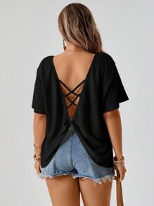 Freevana Plus Size Women's Solid Color Waffle Knit Short Sleeve T-Shirt, Summer,Holiday For Women - Black - View 3