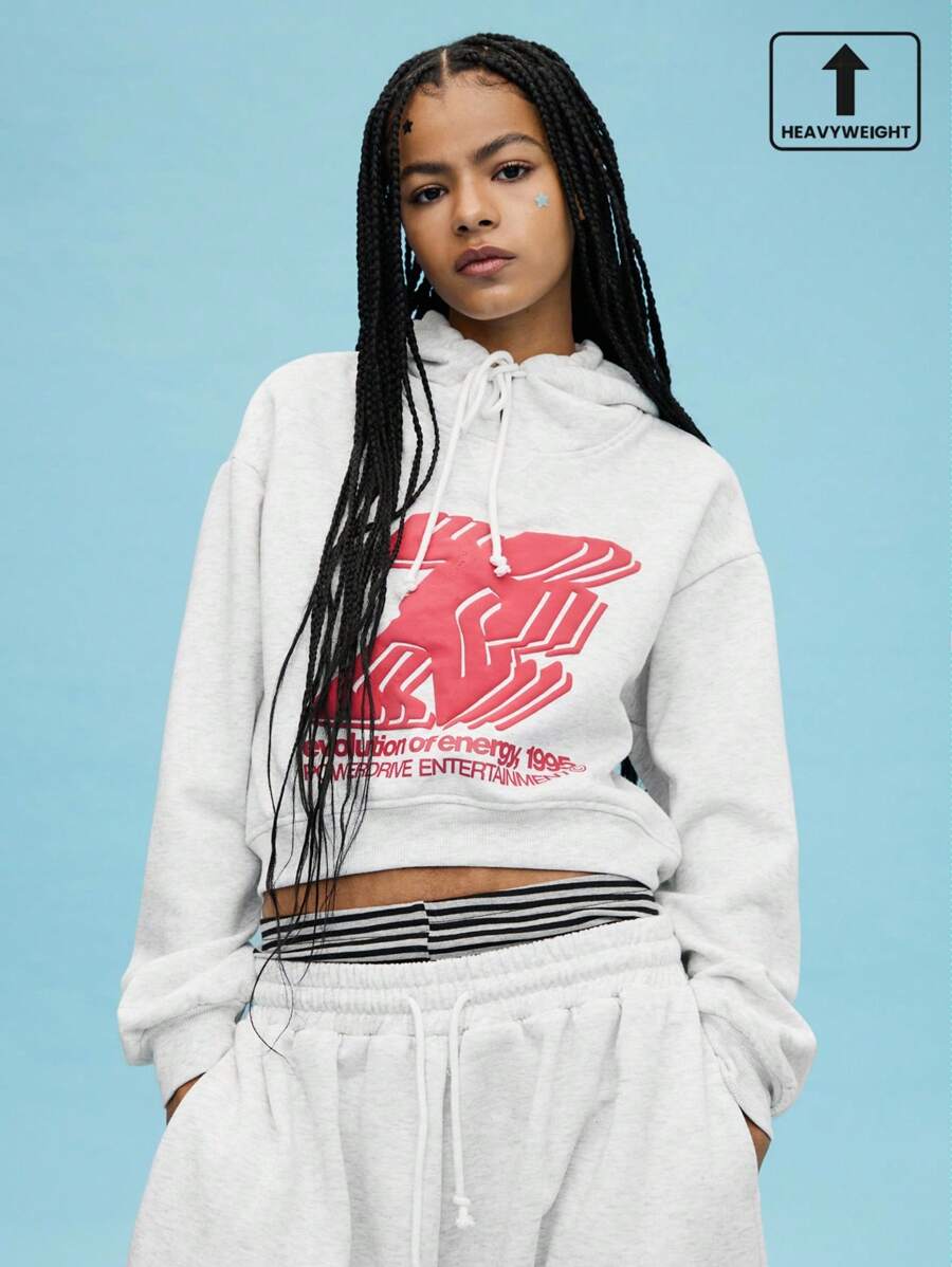 COUREZ Shrunken Cropped Hoodie With Front Graphic Print Y2K Vintage