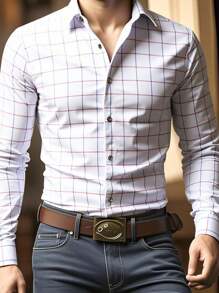 Manfinity Mode Men's Business Casual Blue Plaid Shirt Men Dress Shirt Men Checkered Shirt Men Business Casual Shirt Men White Dress Shirt Men Long Sleeve Shirt, Fall - White - View 3