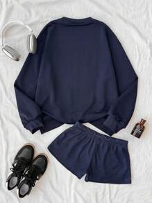 Teen Girls 2pcs Set Navy Blue Knit Retro Vintage USA Slogan Print Loose Fit Crew Neck Pullover Sweatshirt And Textured Knit Crop Shorts Tracksuit For Spring, Autumn, Winter Usa Sweatshirt Girls Sweat Outfit Clothes Set Teen Usa Clothes Sweat Set Fall