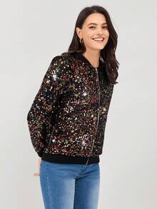 Miaspire 不对称图案亮片装饰派对音乐节经典拉链飞行夹克，适合女士、四季、节日服装 - 彩色 - 查看 3