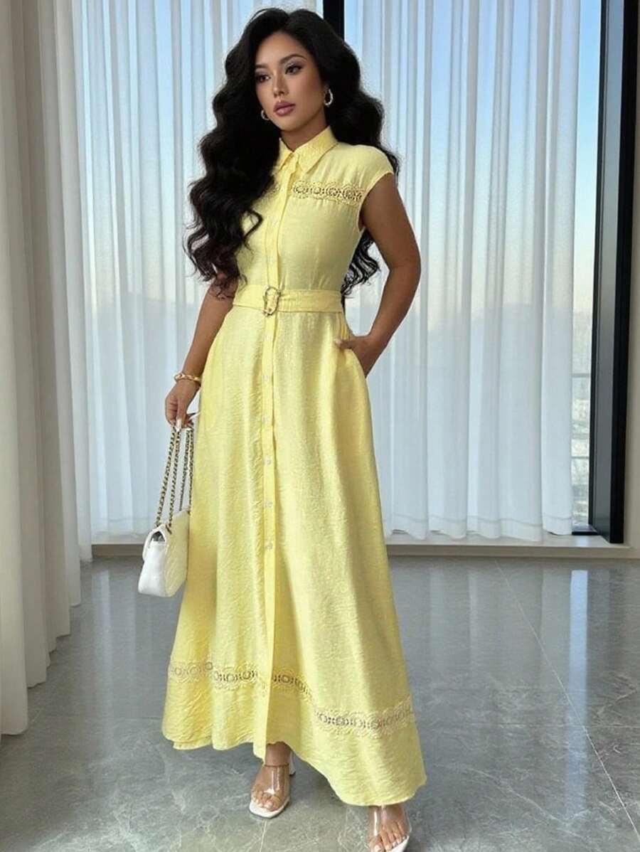 SHEIN ChicEase فستان قميص طويل نسائي أنيق للاستخدام اليومي والتنقل، ياقة قميص، أكمام منسدلة، خصر على شكل حرف A، من الدانتيل باللون الأصفر الكريمي، مناسب للربيع والصيف، فستان عيد ميلاد وفستان صيفي - أصفر فاتح - مشاهدة 1