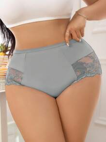 1 pieza Calzones cómodos de talla extra con entretejido de encaje y cintura alta transpirable - Gris - Ver 3
