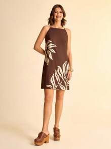 CAJUNI 女士波西米亚热带植物叶子印花棕色吊带迷你连衣裙，图案