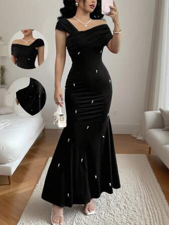 Rafferiza Elegant Asymmetrical Neck Red Straight Wool Beaded Fishtail Dress For Women, Spring/Summer