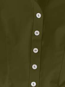 SHEIN Clasi Áo thun nữ tay ngắn cổ bẻ đơn hàng khuy đơn màu mùa hè - xanh quân đội - Xem 3