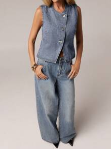 SHEIN Forever 21 夏季新款中蓝色水洗无袖休闲度假牛仔背心女款 - 淺藍色 - 查看 4