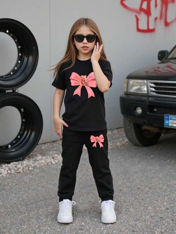 2 pièces Ensemble T-shirt à manches courtes col rond imprimé nœud papillon ours en peluche et pantalon long imprimé pour filles tout-petites noir