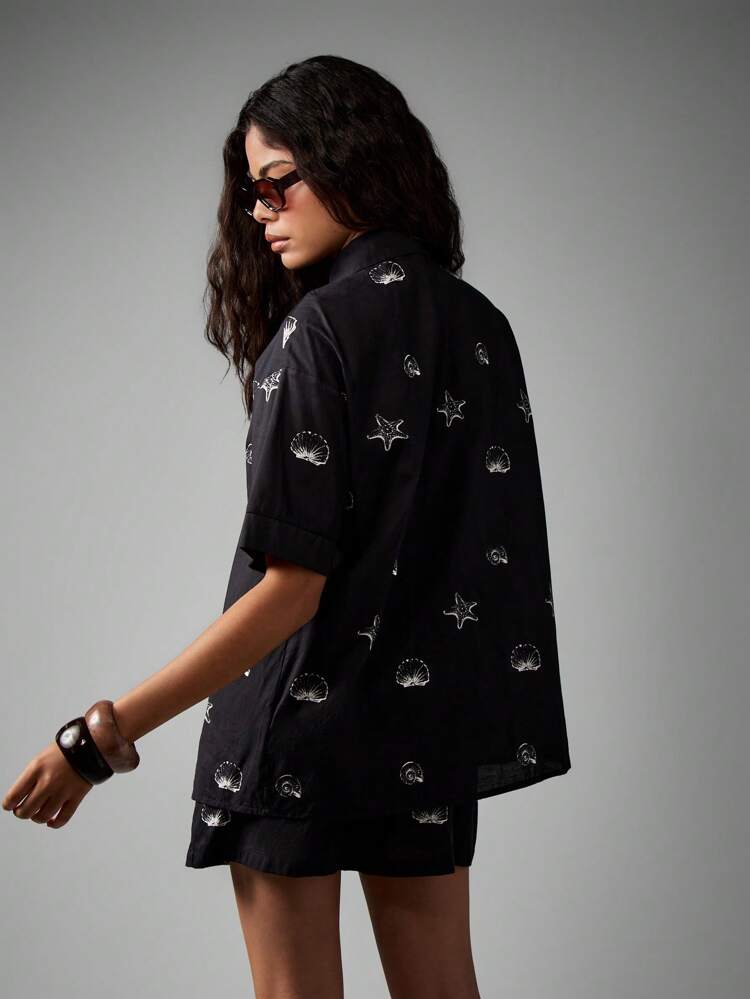 Shell Print Shirt And Shorts Set With Starfish Pattern
