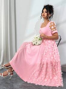 Elenzga Vestito elegante rosa, taglia oversize, in maglia traforata con inserti, scollo a cuore, maniche corte, abito elegante con stampa floreale rosa per donna, adatto a garden festa e tea festa