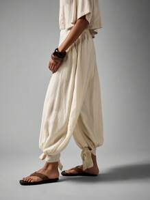 AiiRZ Quần Harem ống rộng có dây rút buộc mắt cá chân vải gạc lễ hội bãi biển nghỉ dưỡng mùa hè đồ mặc nhà phong cách Palazzo Bohemian thoải mái rộng rãi - trắng - Xem 3