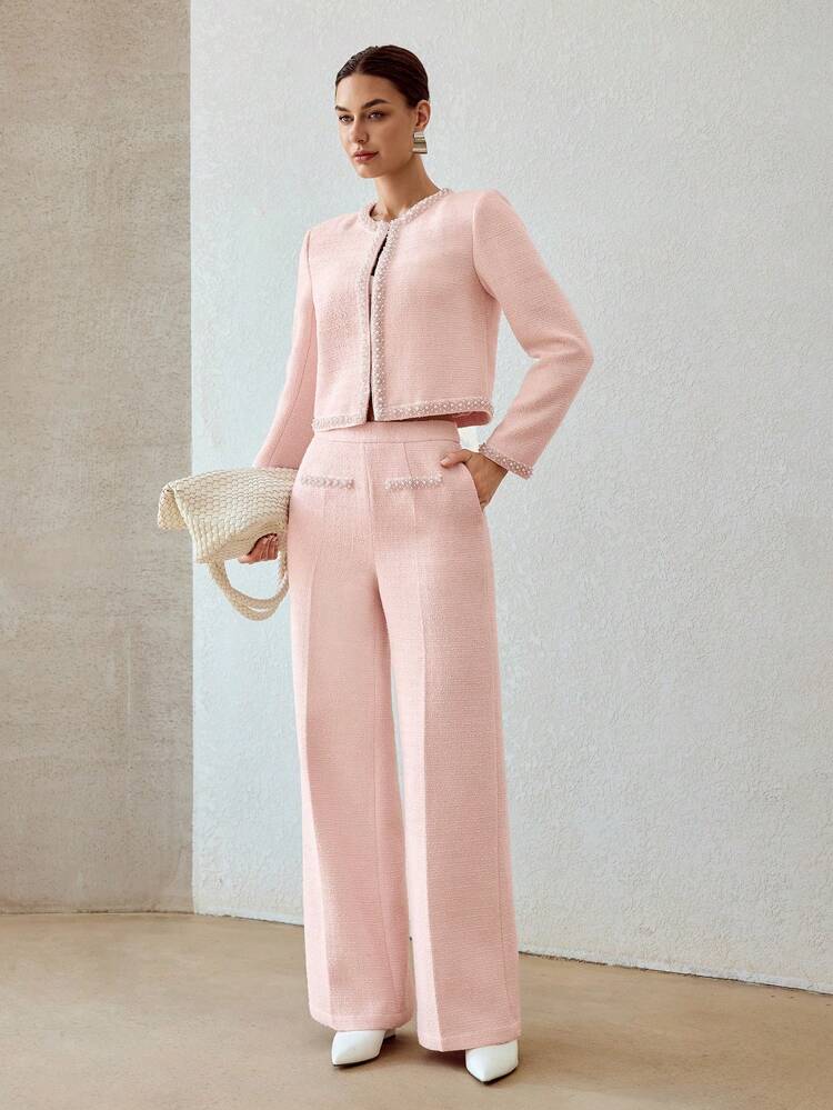 FAUX PEARL DETAIL TWEED SUIT PANTS
