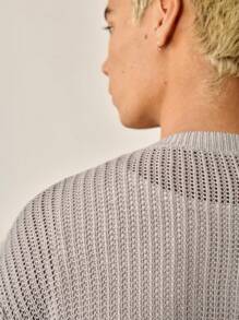 Manfinity VCAY Men's Summer Casual Letter & Number Pattern Hollow Knitted Short Sleeve Top - Khaki - View 8