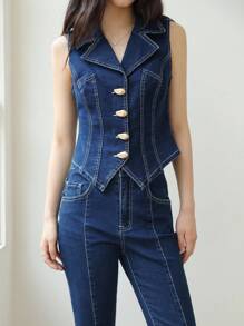 SHEIN Unity Bộ đồ denim giản dị cài nút kim loại mùa thu cho nữ, quần áo nữ mùa thu phong cách Hàn Quốc, quần áo nữ mùa thu, bộ đồ trở lại trường, trang phục giáo viên, phong cách tiền cũ - Rửa trung bình - Xem 3