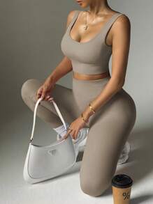 Slayform 2pcs Seamless High Stretch Yoga Set Tracksuit Gym Set Ribbed Tank Top Tummy Control Leggings Workout Women Set Gym Women Outfit - Khaki - View 3