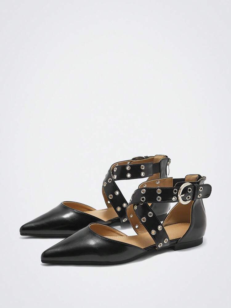 Women's Pointed Toe Slingback Pumps With Criss-Cross Strap And Rivet Decoration