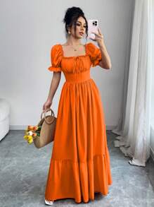 Rafferiza 女式方领泡泡袖前系带露背束腰连衣裙 - 橘色 - 查看 6