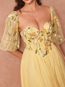 SHEIN Unity Women's Square Neck Puff Sleeve Embroidered Floral Short Dress, Spring/Summer - Yellow - View 1