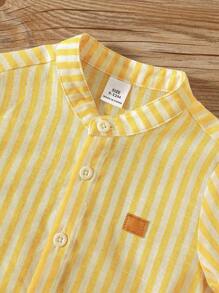 SHEIN 2pcs Baby Boy Cute City Gentleman Outfit, Yellow Striped Collar Shirt + White Casual Pants Set, Suitable For Birthday Party, Evening Party, Performance, Wedding, Baby Shower, 1st Birthday Celebration