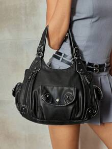 ROMWE Grunge Punk Túi đeo vai thiết kế khóa kéo phong cách Biker cổ điển dành cho nữ - màu đen - Xem 5