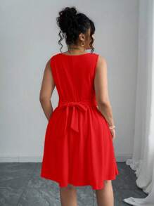 Elenzga Đầm dự tiệc mini không tay thắt nơ cổ trái tim thanh lịch cỡ lớn cho nữ, phong cách nghỉ dưỡng mùa hè - Đỏ - Xem 2