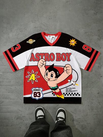 Astro Boy X SHEIN Loose V-Neck Short Sleeve Men's Casual T-Shirt For Summer, Comfortable, Relaxed, Cartoon, Red, Black, English Letters, Numbers, Flame Printed Design