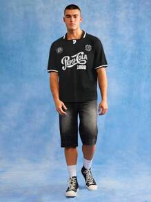 PEPSI X SHEIN 男士字母图案休闲短袖T恤，夏季 - 黑色 - 查看 5