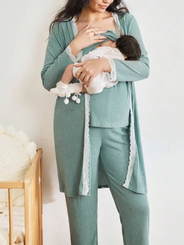 BloomMama 3pcs Maternity Sleepwear Set: Nursing-Friendly Camisole & Pants + Lace Splice Long Sleeve Outerwear