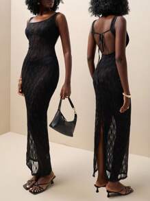Zolique Sexy Lace Backless Tie Strap Sheer Long Dress, Summer - Black - View 1