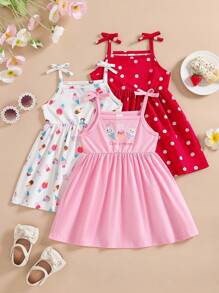 3pcs/Set Baby Girl Sweet Ice Cream Embroidered Strap Dress Set, Summer - Multicolor - View 1